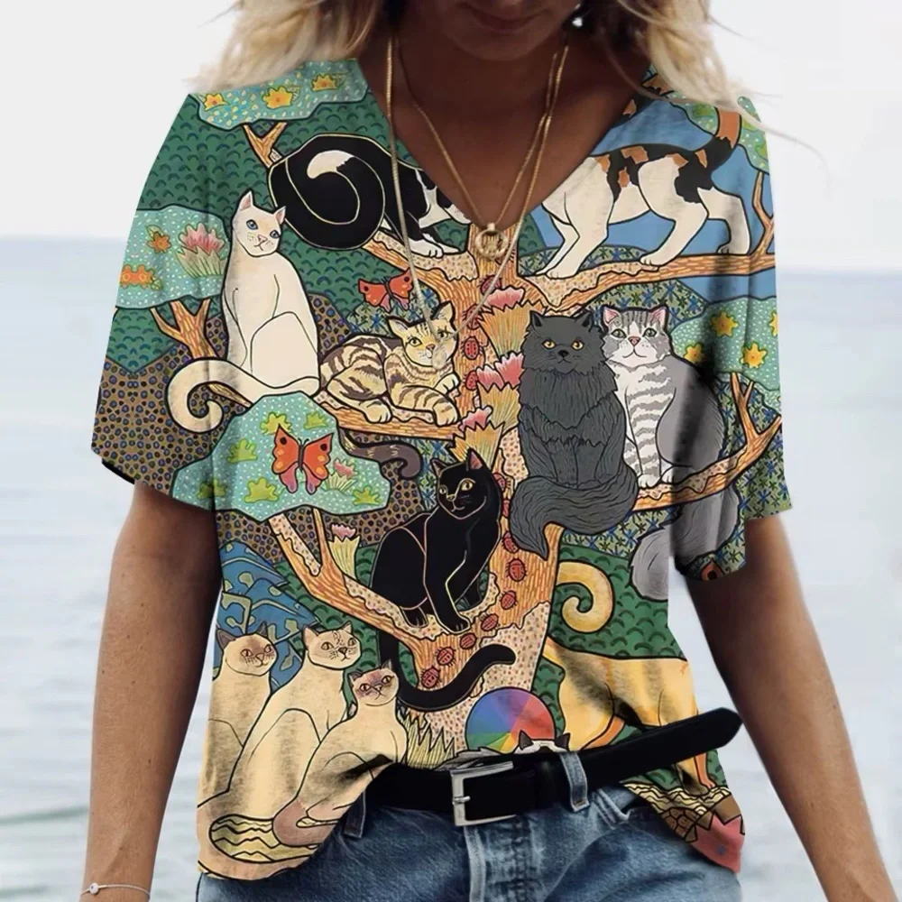 Shall We Cats on Tree Multicolor Print V-Neck Short Sleeve Kitty Lovers